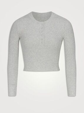 Skims Ribbed Henley Long Sleeve Top - Light Gray